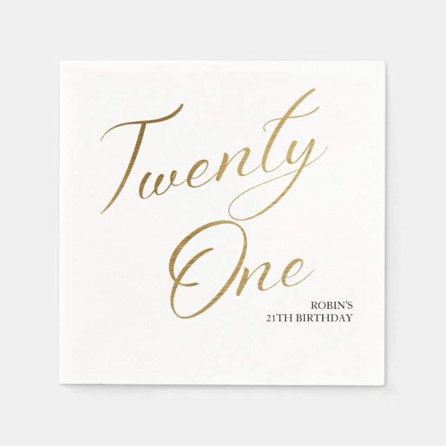 Minimalist Script white and Gold 21st Birthday Napkin (Front)