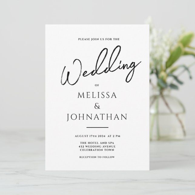 Minimalist Script White Clean Elegant Wedding Invitation (Standing Front)