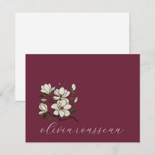 Minimalist Script White Magnolias Bordeaux Wine Card