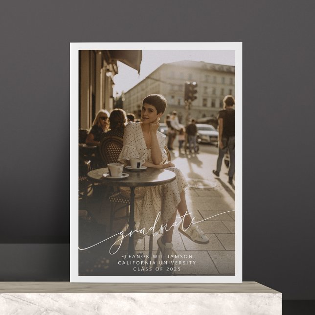 Minimalist Script White Overlay Photo Graduation Announcement (Creator Uploaded)