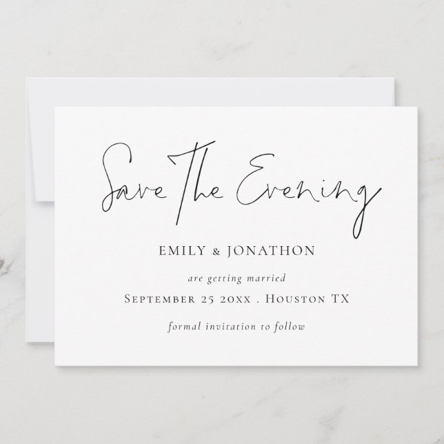 Minimalist Script White Save the Evening Invitation (Front)