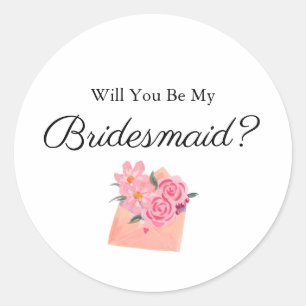 Minimalist Script Will You Be My Bridesmaid Black Classic Round Sticker