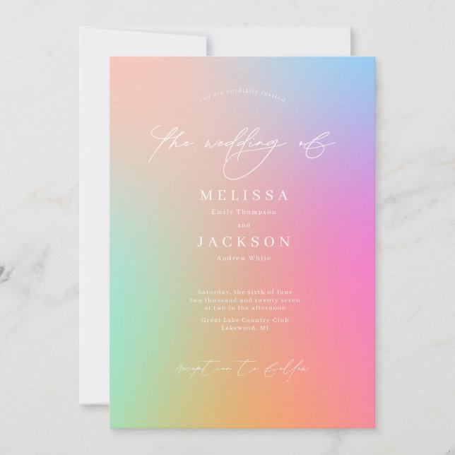Minimalist Scripted Bright Ombre Rainbow Wedding Invitation (Front)