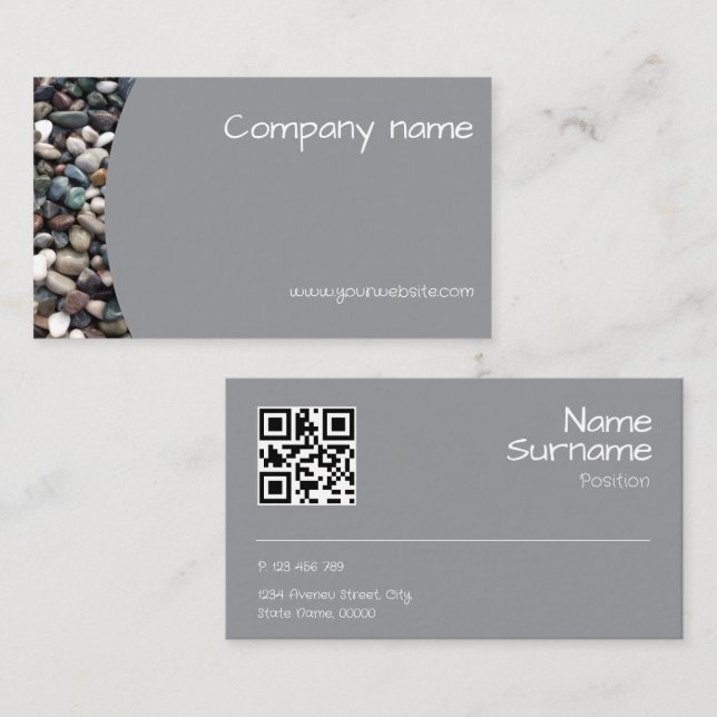Minimalist Sea pebble photo QR grey Business Card (Front/Back)