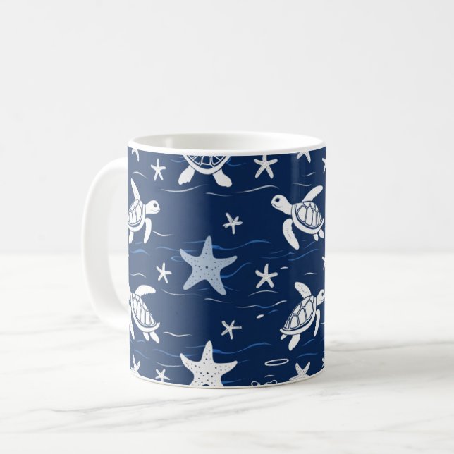Minimalist Sea Turtle & Starfish Pattern Coffee Mug (Front Left)
