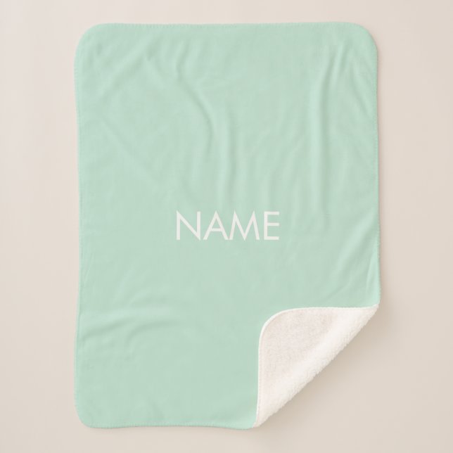 Minimalist seafoam mint green custom name monogram sherpa blanket (Front)