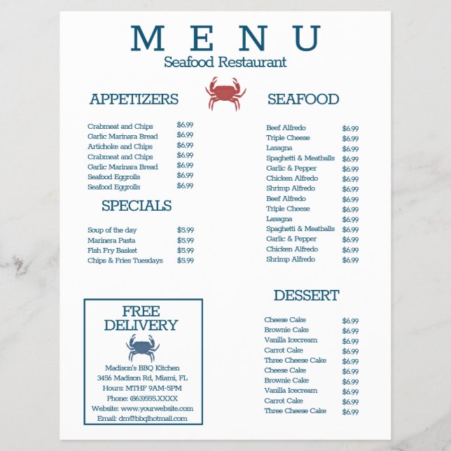 Minimalist Seafood Crab Grill Restaurant Menu C (Front)