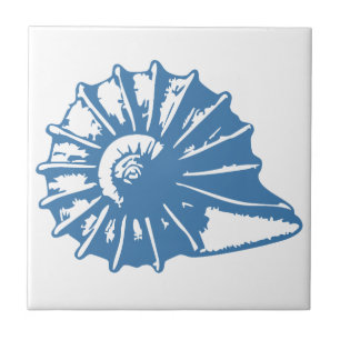 Minimalist Seashell Line Art Blue Outline Coastal Ceramic Tile