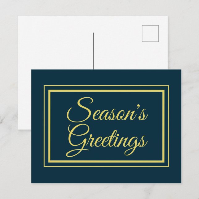 Minimalist Seasons Greetings Blue Gold Christmas Holiday Postcard (Front/Back)
