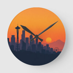 Minimalist Seattle Skyline at Sunset Modern Round Clock