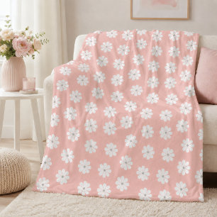 Minimalist Seventies Pale Pink Daisy Floral Fleece Blanket
