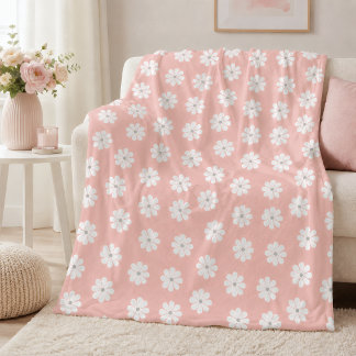 Minimalist Seventies Pale Pink Daisy Floral Fleece Blanket