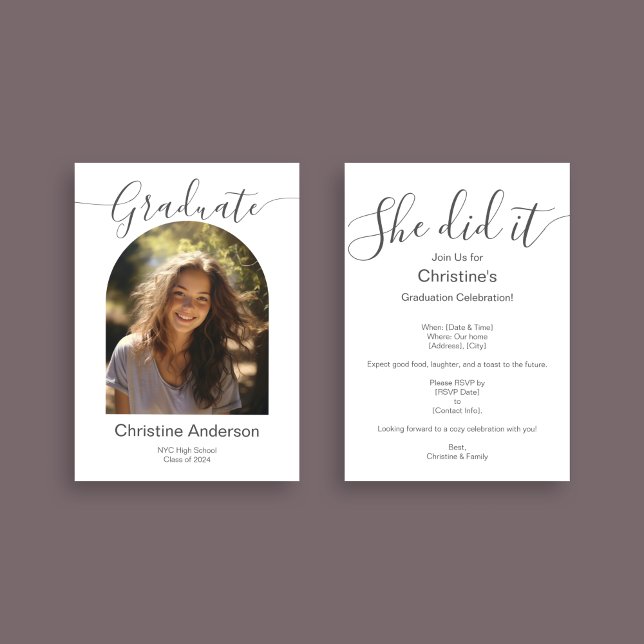 Minimalist She Did It Graduation Party Photo Invitation (Creator Uploaded)