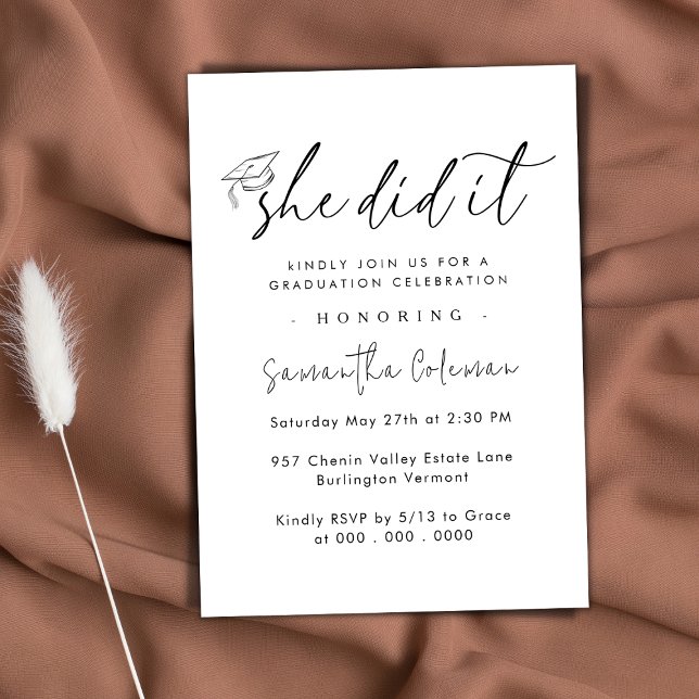 Minimalist She Did it | Modern Graduation Party Invitation (Creator Uploaded)