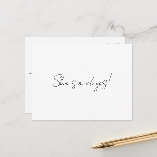 Minimalist She Said Yes Engagement Announcement Postcard (Front/Back In Situ)