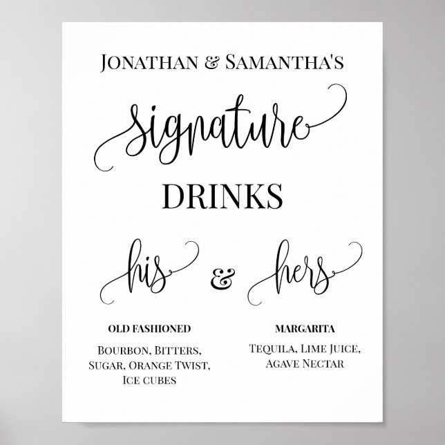Minimalist Signature Drinks Couples Wedding Sign (Front)