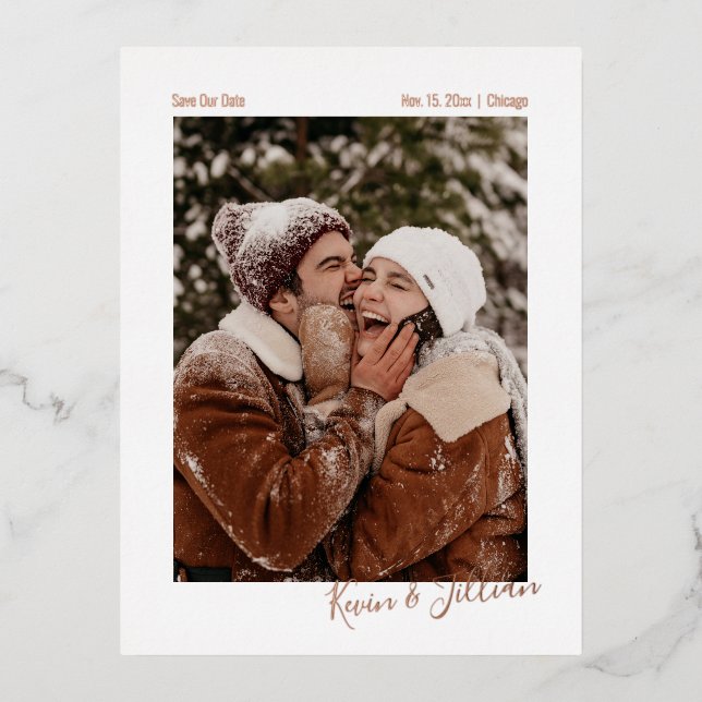 Minimalist Signature Photo Save Our Date Foil Invitation Postcard (Front)