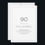 Minimalist Silver 90th Birthday Party Invitation<br><div class="desc">This minimalist silver 90th birthday party invitation is perfect for a simple birthday party. The modern romantic design features classic silver grey and white typography paired with a rustic yet elegant calligraphy with vintage hand lettered style. Customisable in any colour. Keep the design simple and elegant, as is, or personalise...</div>