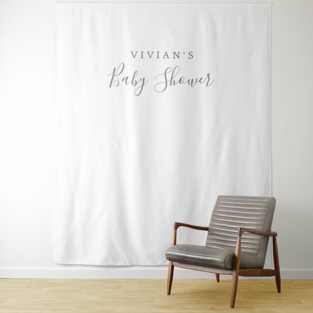 Minimalist Silver Baby Shower Photo Prop Backdrop Tapestry (In Situ)