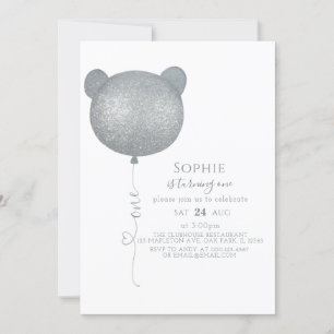 Minimalist Silver Balloon Teddy Bear 1st Birthday Invitation