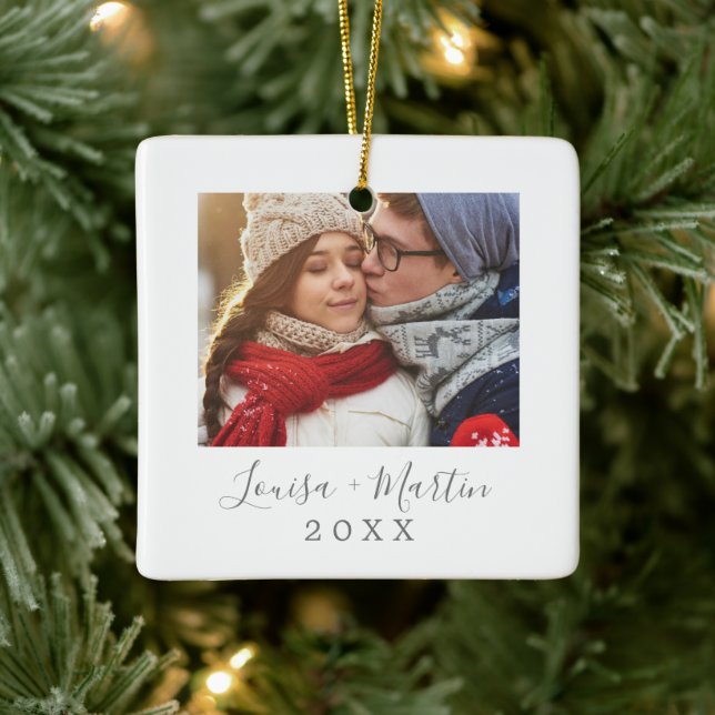 Minimalist Silver Couples Keepsake Photo Ceramic Ornament (Tree)