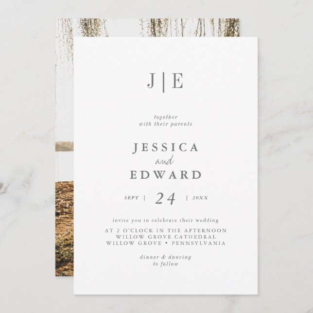 Minimalist Silver Script Photo Monogram Wedding  Invitation (Front/Back)