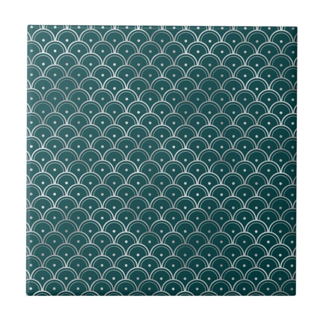 Minimalist Silver Teal Art Deco Graphic Ceramic Tile (Front)
