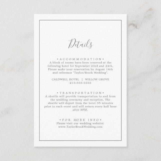 Minimalist Silver Wedding Details Enclosure Card (Front)