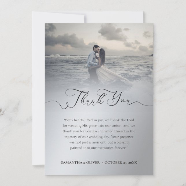 Minimalist Silver Wedding Thank You Card with Phot (Front)
