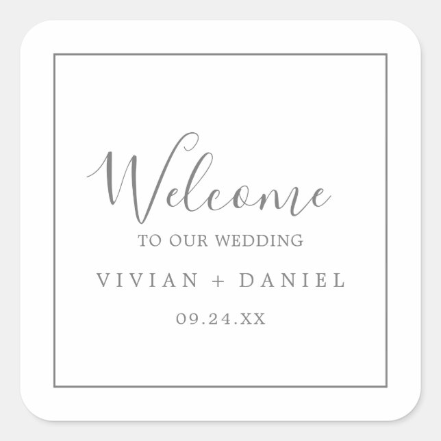 Minimalist Silver Wedding Welcome Square Sticker (Front)
