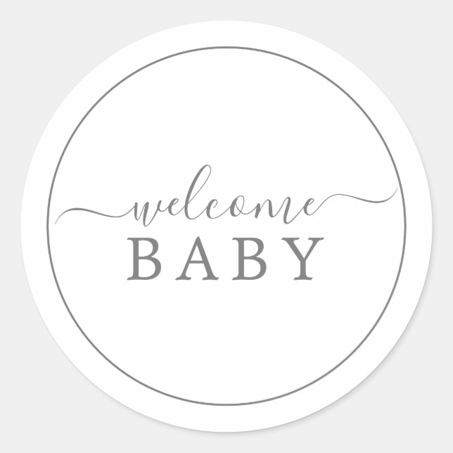 Minimalist Silver Welcome Baby Shower Sticker (Front)