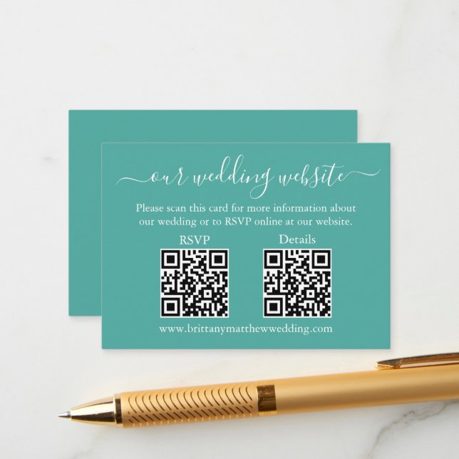 Minimalist Simple 2 QR Wedding RSVP Details Teal Enclosure Card (Front/Back In Situ)