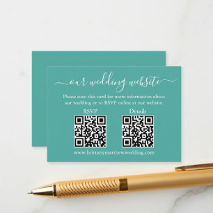 Minimalist Simple 2 QR Wedding RSVP Details Teal Enclosure Card