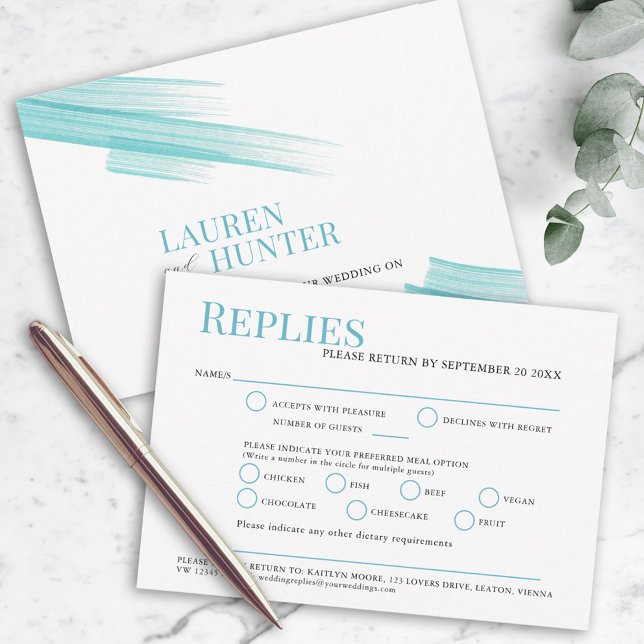 Minimalist simple aqua ink meal option wedding RSVP card (Creator Uploaded)