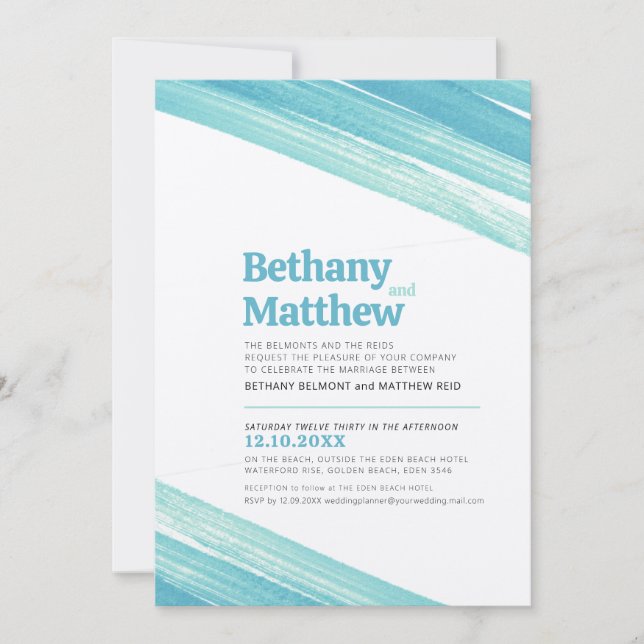 Minimalist simple aqua ink stroke stripes invitation (Front)