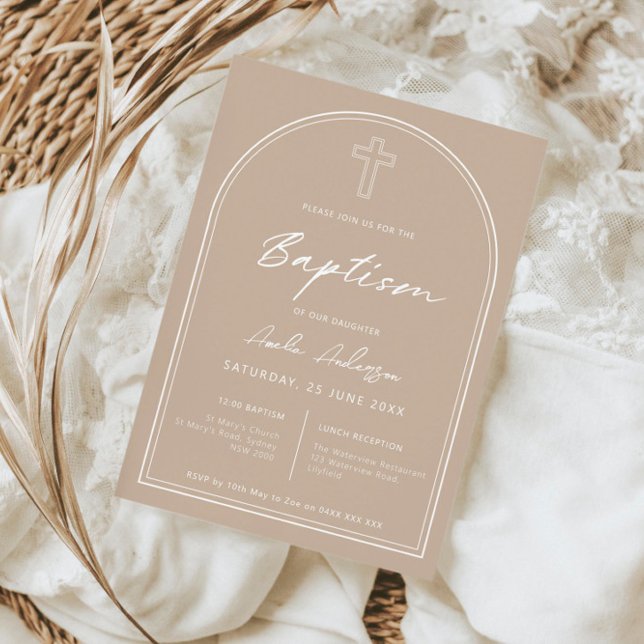Minimalist simple arch beige baptism invitation (Creator Uploaded)