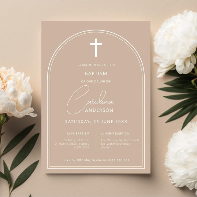 Minimalist simple arch beige baptism invitation (Creator Uploaded)