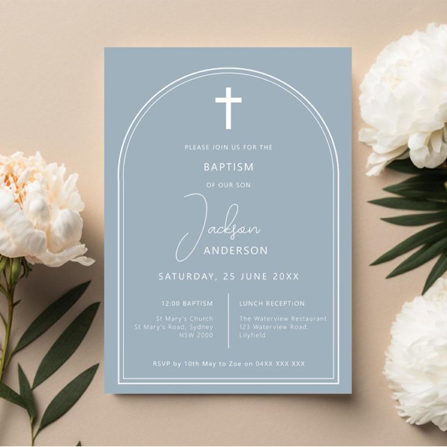 Minimalist simple arch blue baptism invitation (Creator Uploaded)