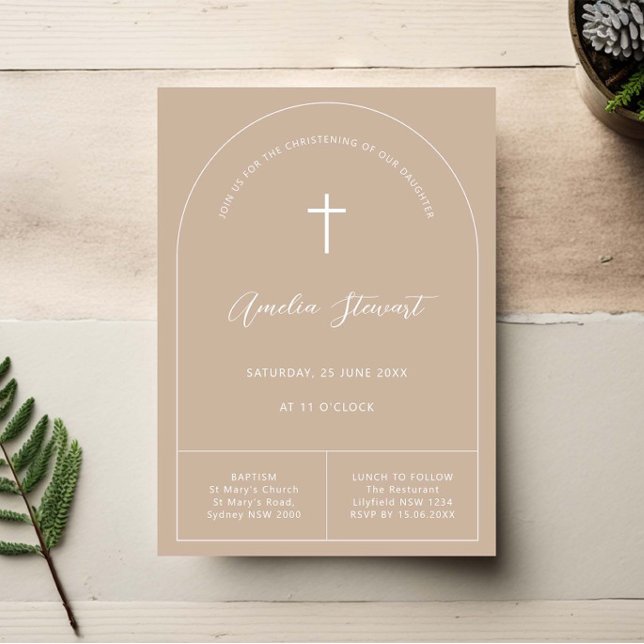 Minimalist simple beige taupe arch baptism invitation (Creator Uploaded)