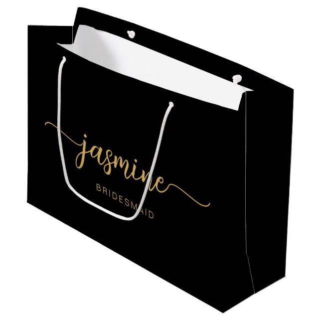 Minimalist Simple Black Gold Monogram Girly Script Large Gift Bag (Front Angled)