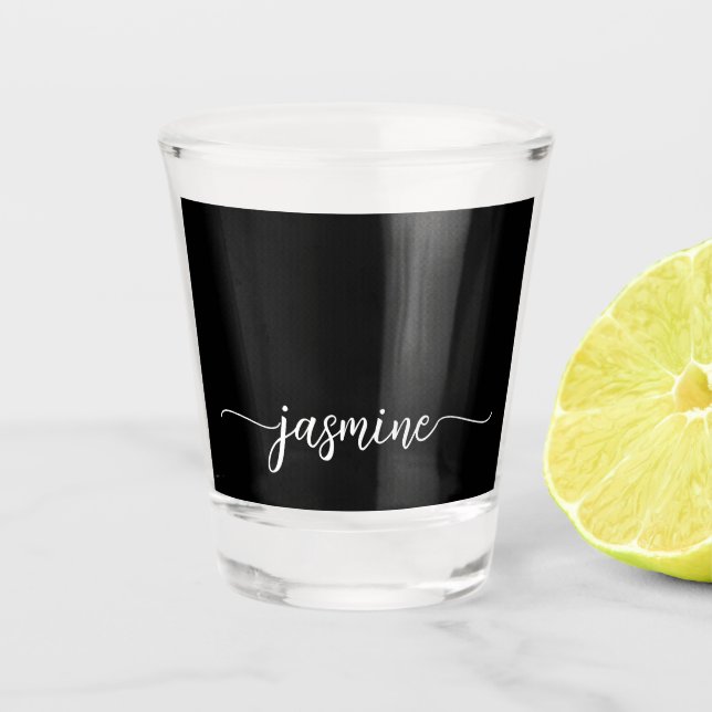 Minimalist Simple Black Monogram Girly Script Shot Glass (Front)