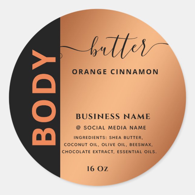 Minimalist simple black orange script body butter classic round sticker (Front)