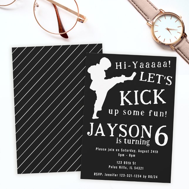Minimalist simple black white boy karate birthday invitation (Creator Uploaded)