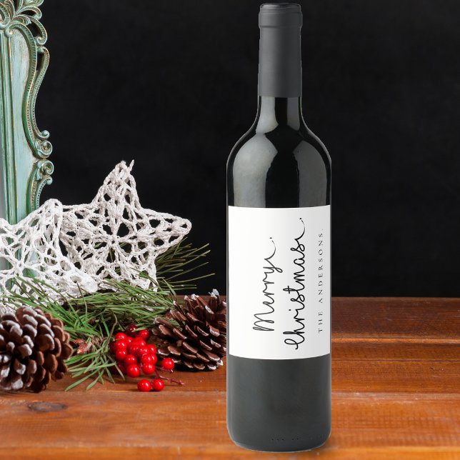 Minimalist Simple Black White Name Merry Christmas Wine Label (Minimalist Simple Black White Name Merry Christmas Wine Label)