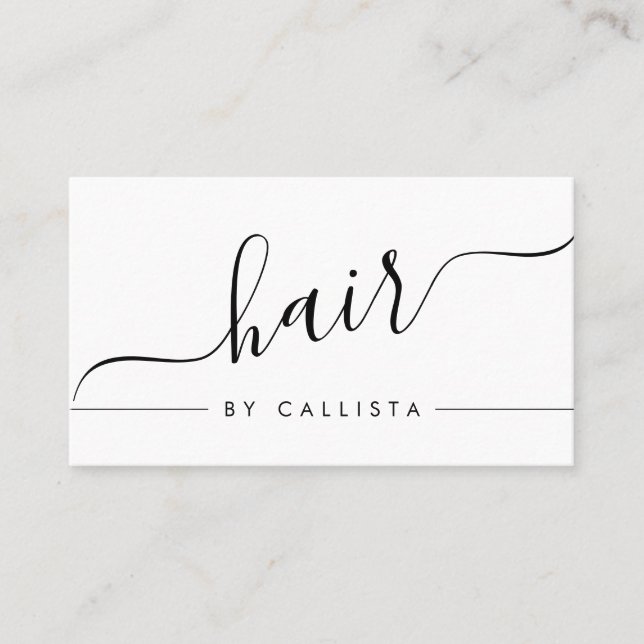 Minimalist Simple Black White Script Hair Business Card (Front)