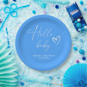 Minimalist Simple Blue Hello Baby Paper Plate