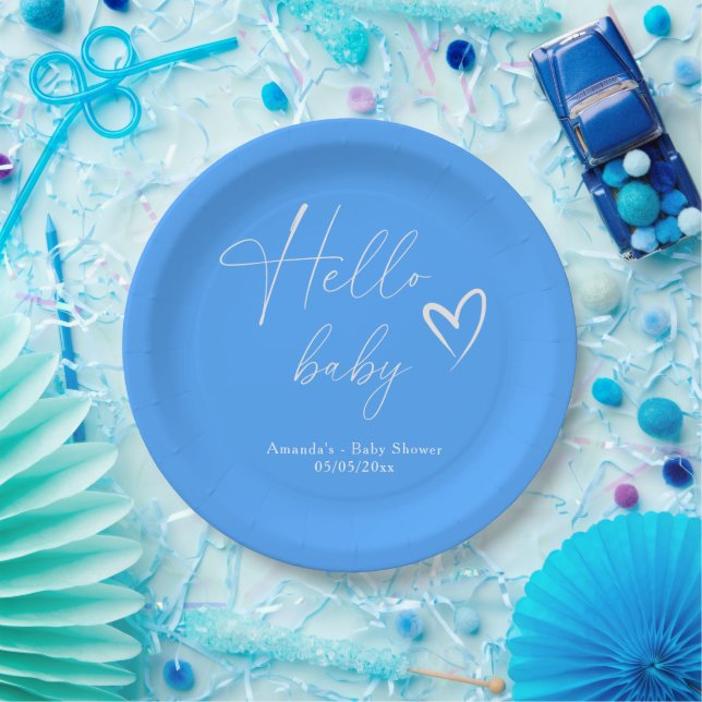 Minimalist Simple Blue Hello Baby Paper Plate (Party)