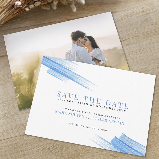Minimalist simple blue ink strokes photo wedding save the date (Creator Uploaded)