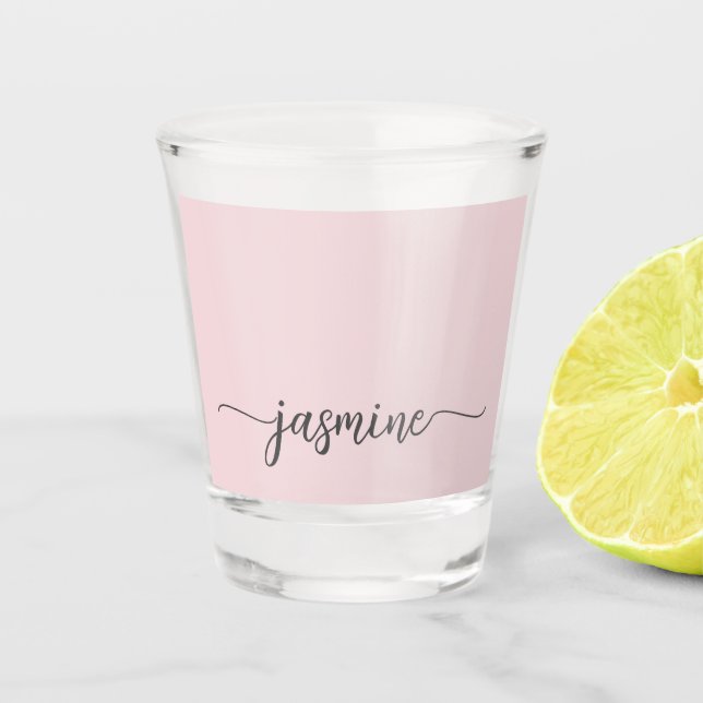 Minimalist Simple Blush Pink Monogram Girly Script Shot Glass (Front)