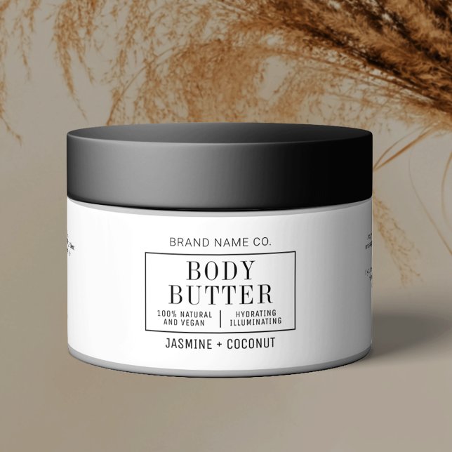 Minimalist Simple Body Butter Skincare Jar Label (Simple cosmetic jar wrap around label in black and white featuring modern serif font + modern design)